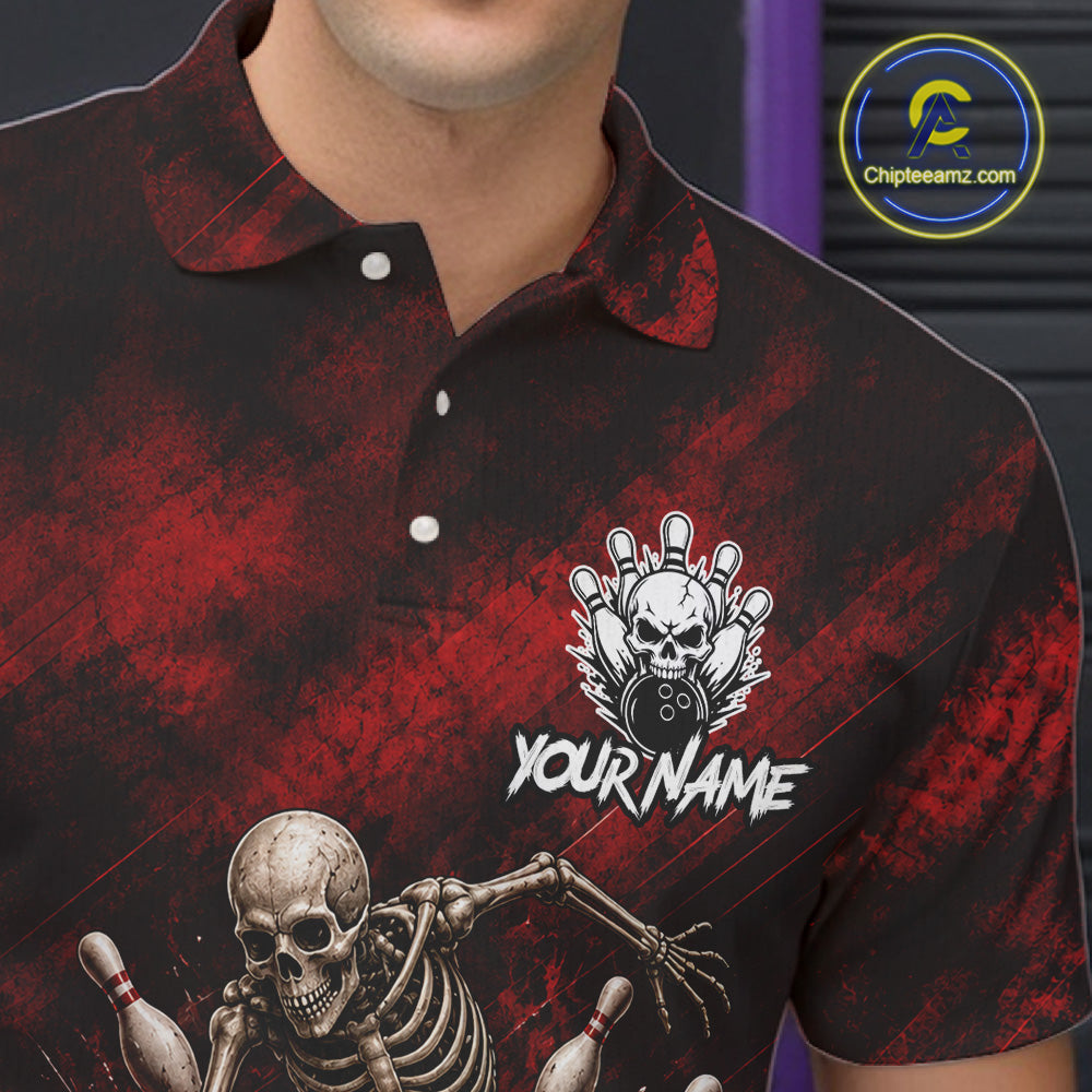 Personalized Bowling Tournament Jersey & Custom Team Shirts, Red Skeleton Bowling Polo