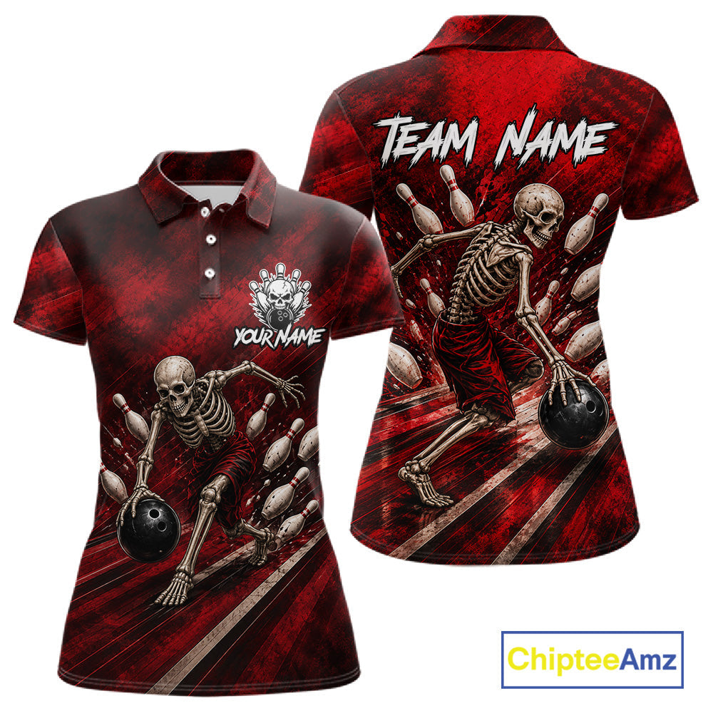 Personalized Bowling Tournament Jersey & Custom Team Shirts, Red Skeleton Bowling Polo