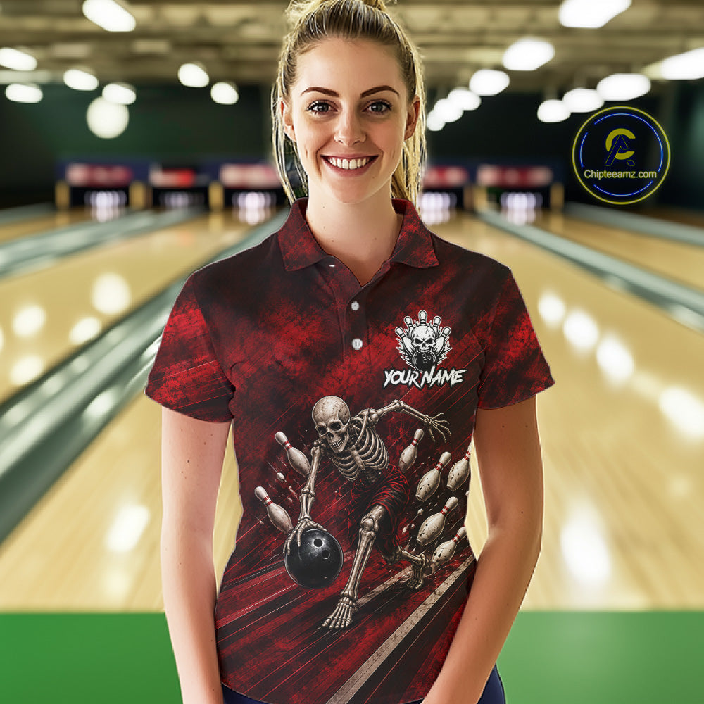 Personalized Bowling Tournament Jersey & Custom Team Shirts, Red Skeleton Bowling Polo
