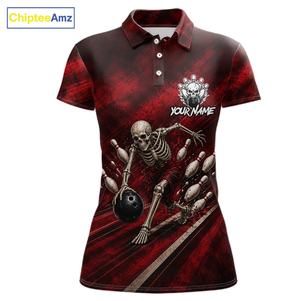 Personalized Bowling Tournament Jersey & Custom Team Shirts, Red Skeleton Bowling Polo