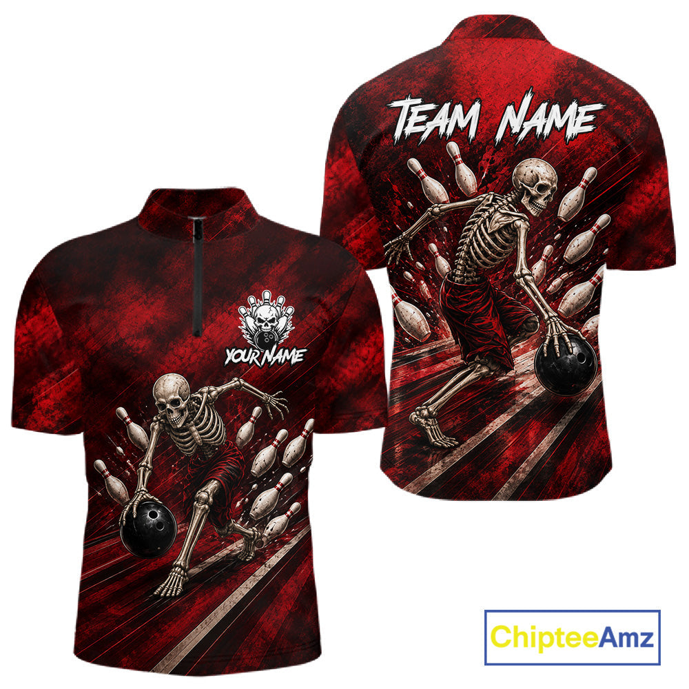 Personalized Bowling Tournament Jersey & Custom Team Shirts, Red Skeleton Bowling Polo
