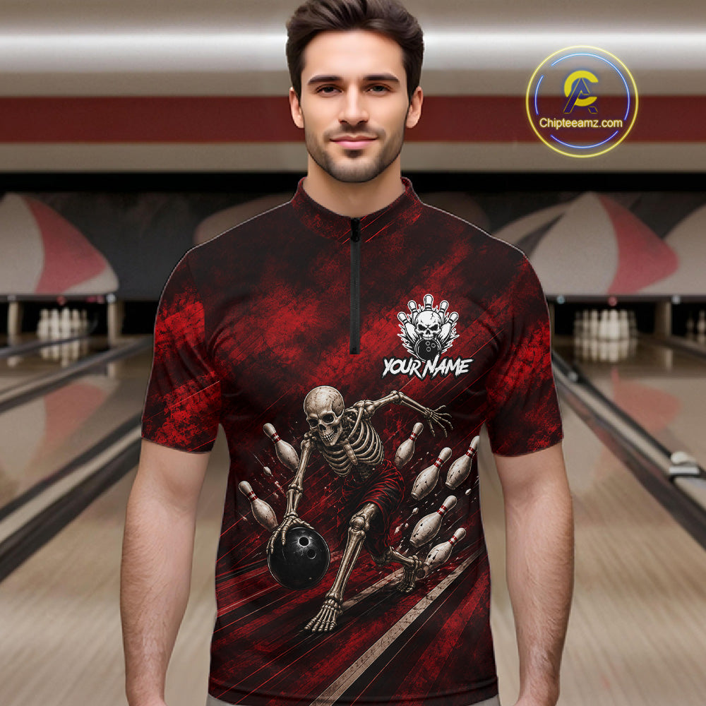 Personalized Bowling Tournament Jersey & Custom Team Shirts, Red Skeleton Bowling Polo