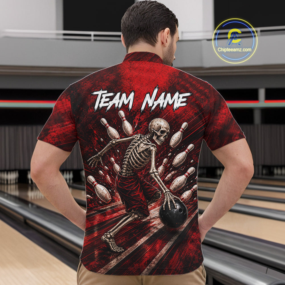 Personalized Bowling Tournament Jersey & Custom Team Shirts, Red Skeleton Bowling Polo