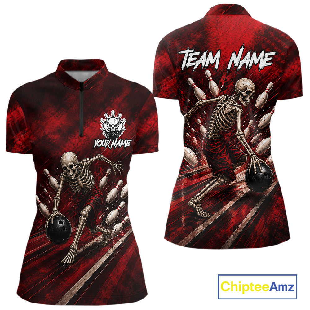 Personalized Bowling Tournament Jersey & Custom Team Shirts, Red Skeleton Bowling Polo