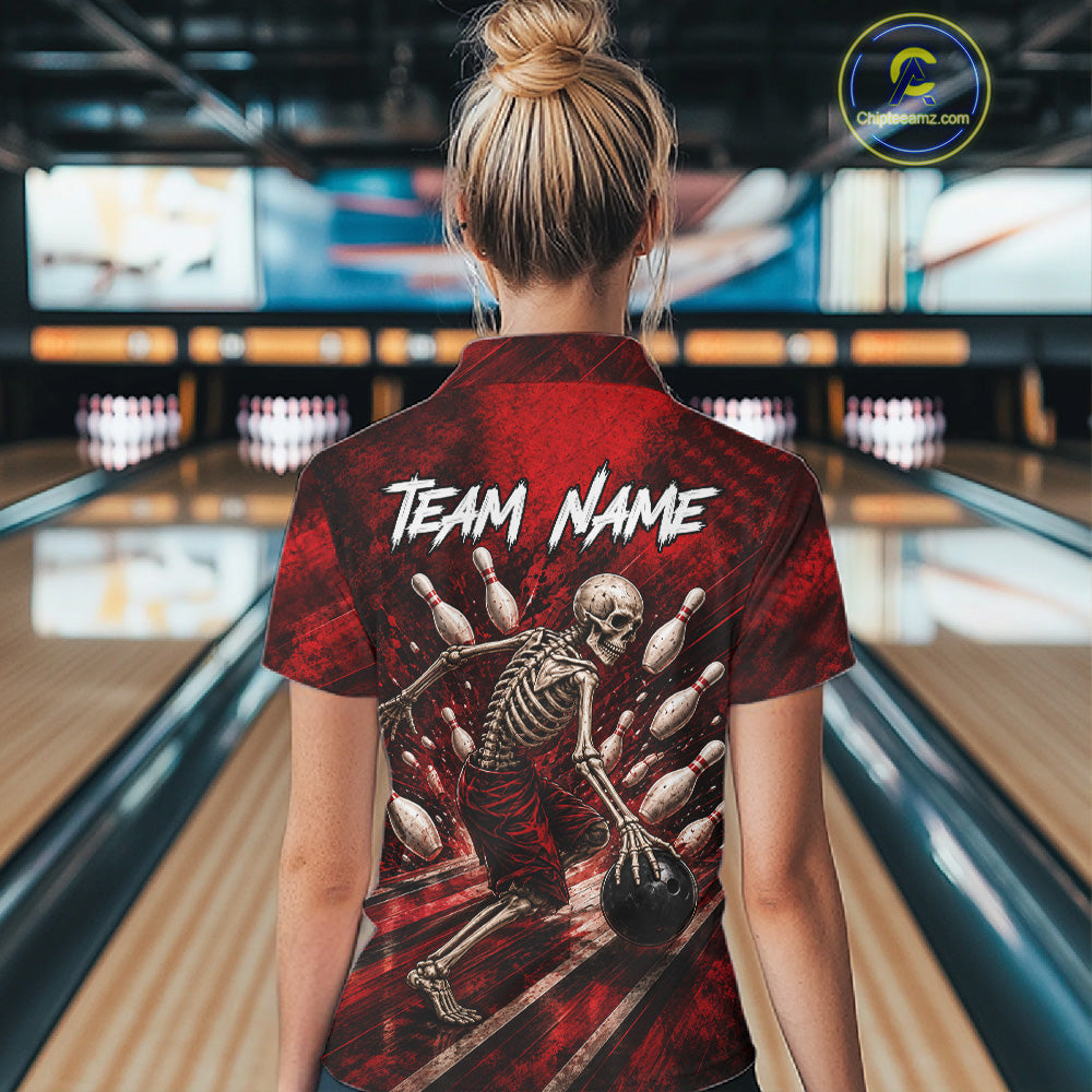 Personalized Bowling Tournament Jersey & Custom Team Shirts, Red Skeleton Bowling Polo