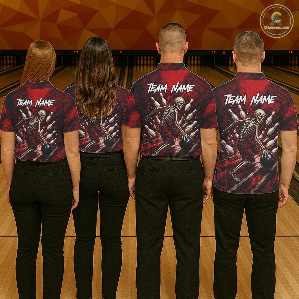 Personalized Bowling Tournament Jersey & Custom Team Shirts, Red Skeleton Bowling Polo