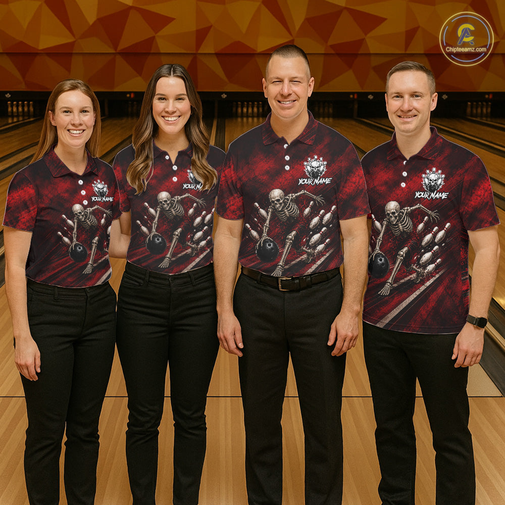 Personalized Bowling Tournament Jersey & Custom Team Shirts, Red Skeleton Bowling Polo
