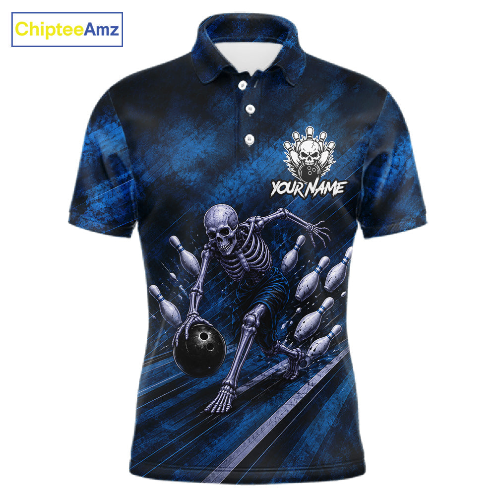 Personalized Bowling Tournament Jersey & Custom Team Shirts, Blue Skeleton Bowling Polo