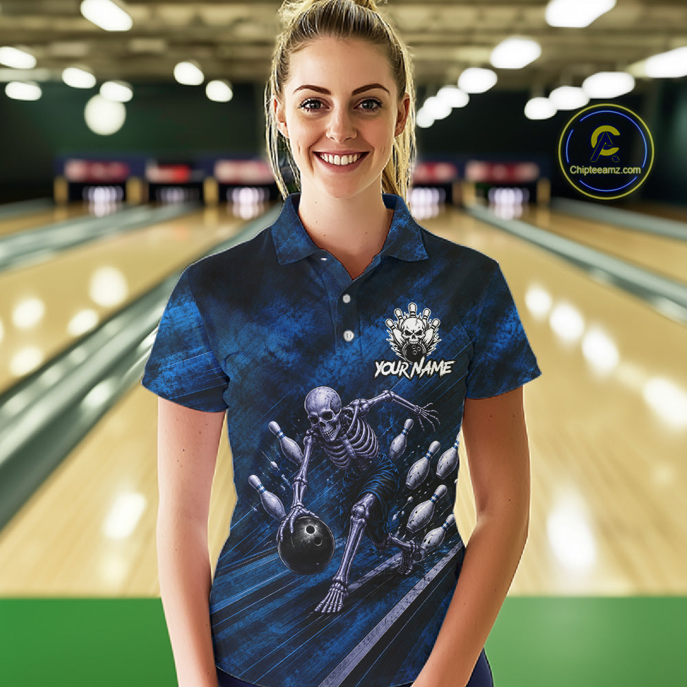 Personalized Bowling Tournament Jersey & Custom Team Shirts, Blue Skeleton Bowling Polo