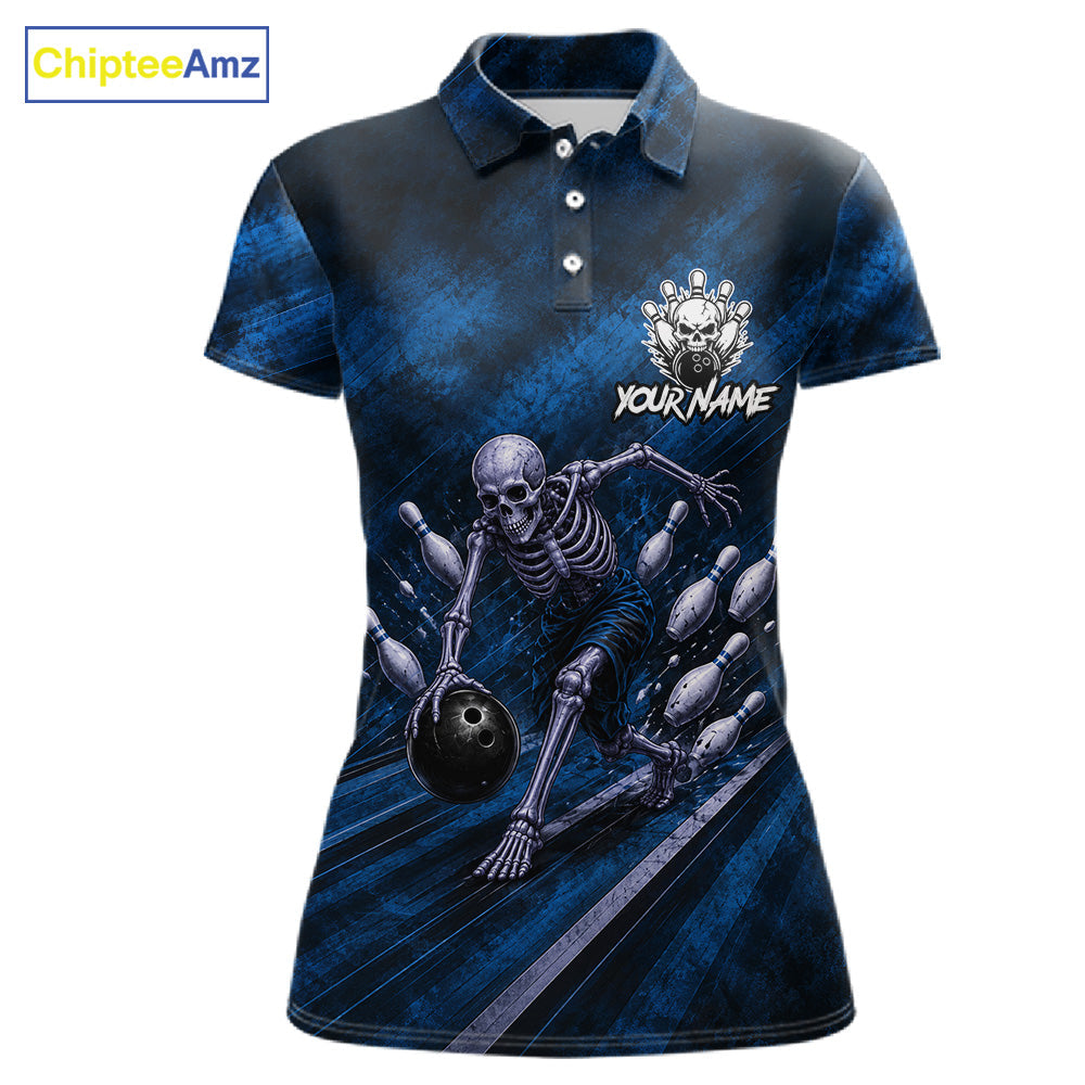 Personalized Bowling Tournament Jersey & Custom Team Shirts, Blue Skeleton Bowling Polo
