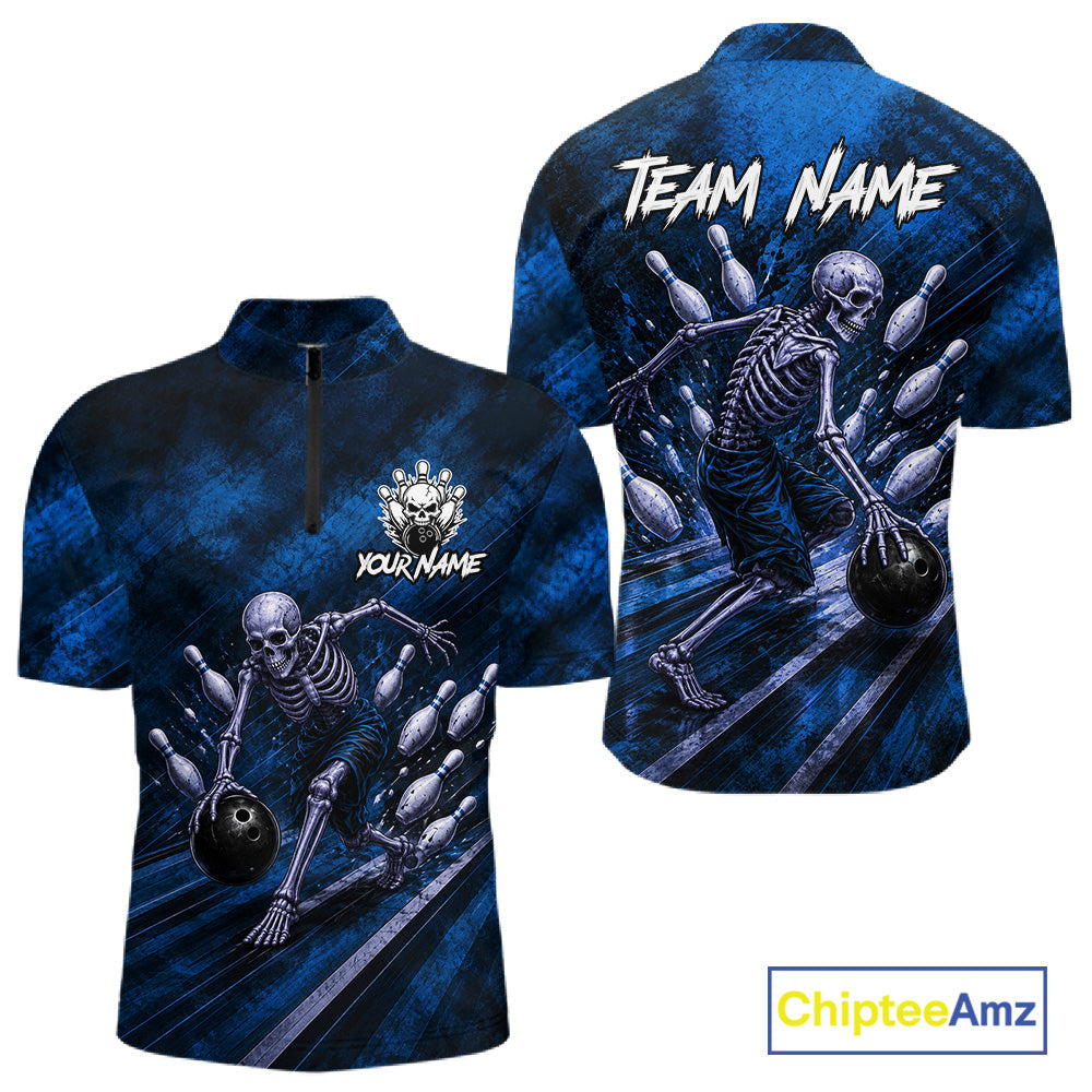 Personalized Bowling Tournament Jersey & Custom Team Shirts, Blue Skeleton Bowling Polo