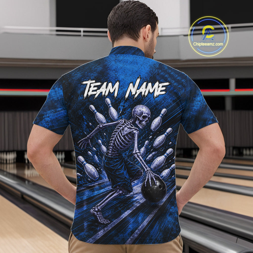 Personalized Bowling Tournament Jersey & Custom Team Shirts, Blue Skeleton Bowling Polo