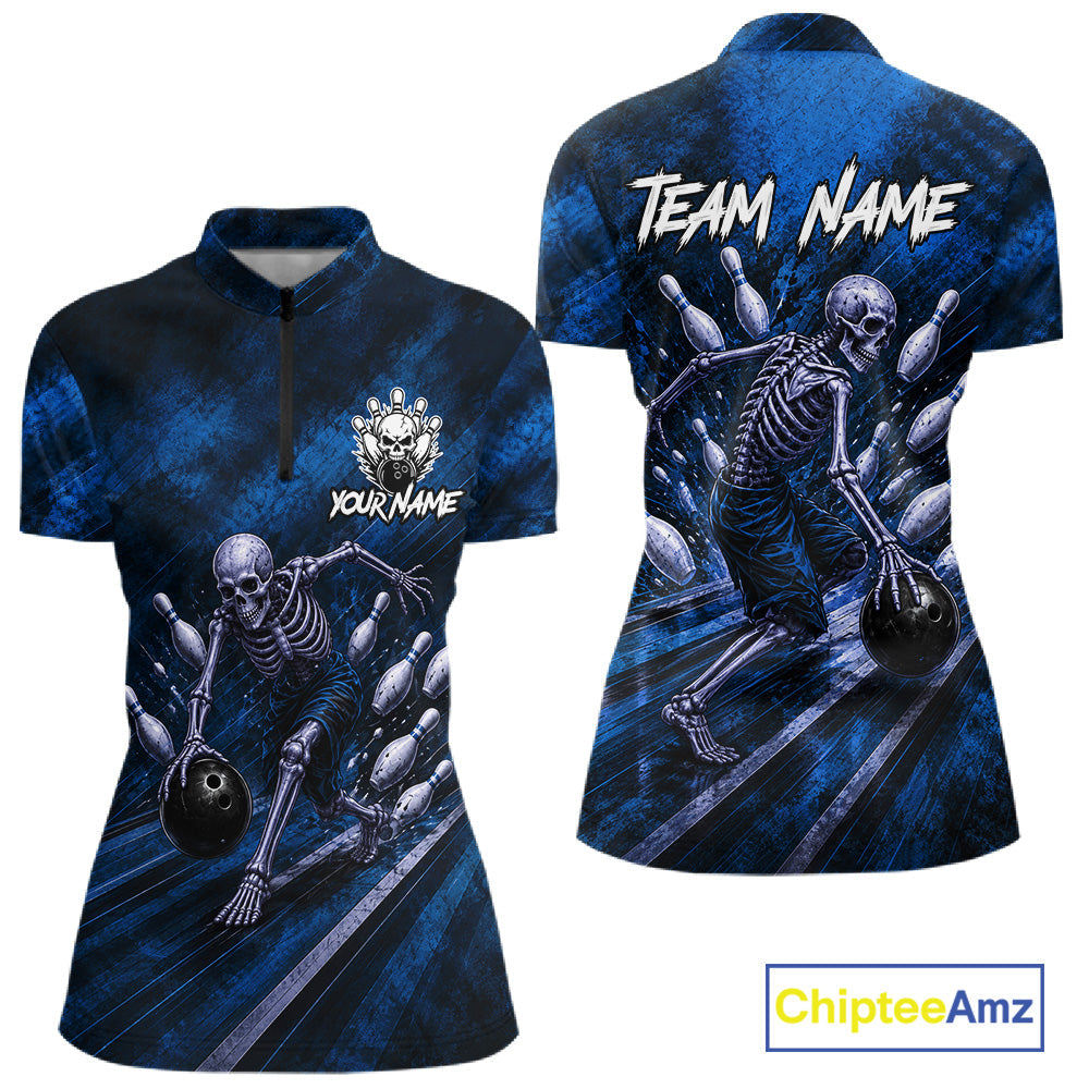 Personalized Bowling Tournament Jersey & Custom Team Shirts, Blue Skeleton Bowling Polo