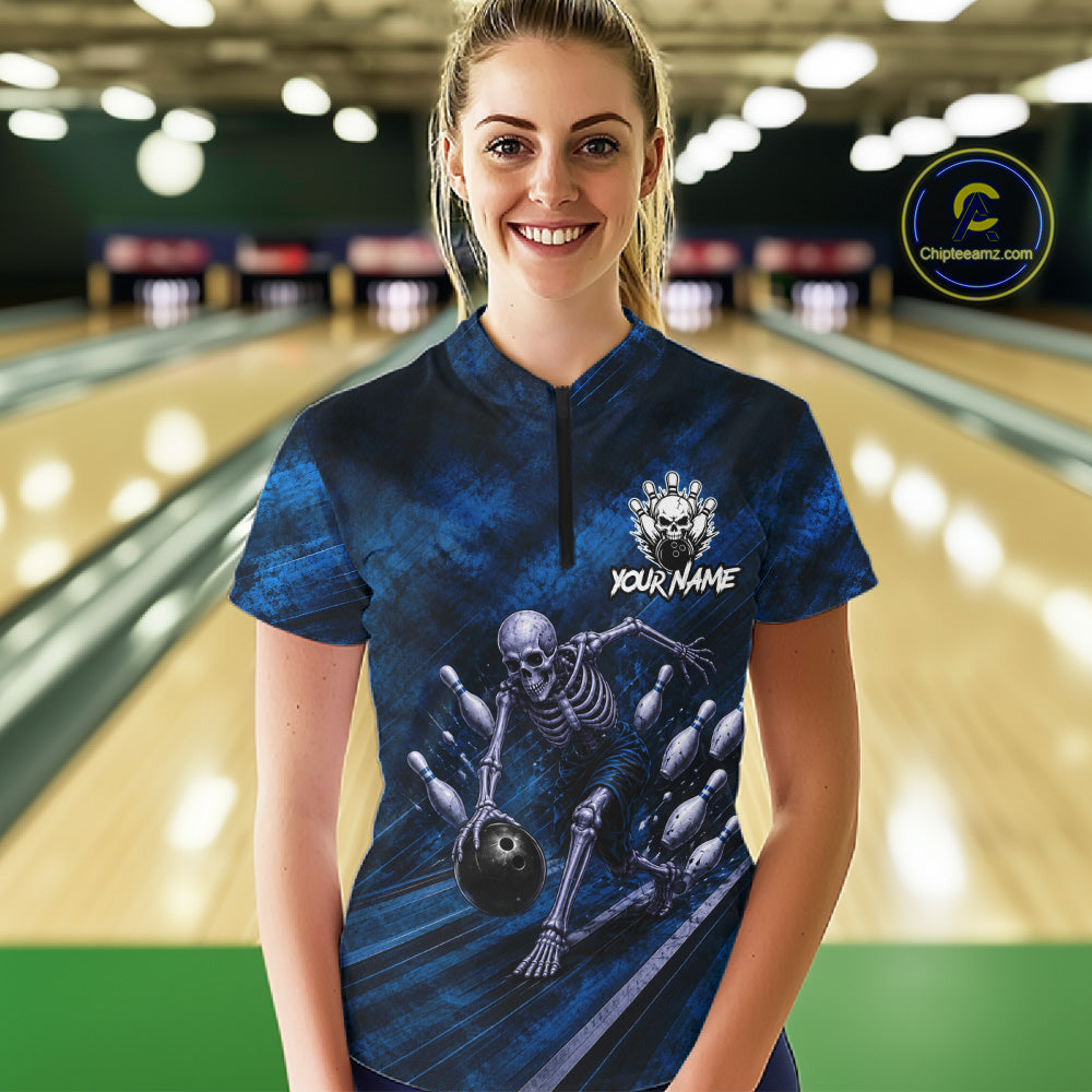 Personalized Bowling Tournament Jersey & Custom Team Shirts, Blue Skeleton Bowling Polo