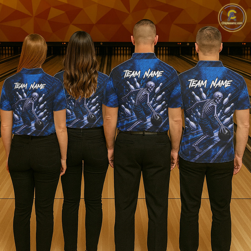 Personalized Bowling Tournament Jersey & Custom Team Shirts, Blue Skeleton Bowling Polo
