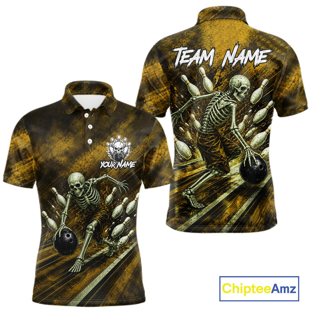 Personalized Bowling Tournament Jersey & Custom Team Shirts, Yellow Skeleton Bowling Polo