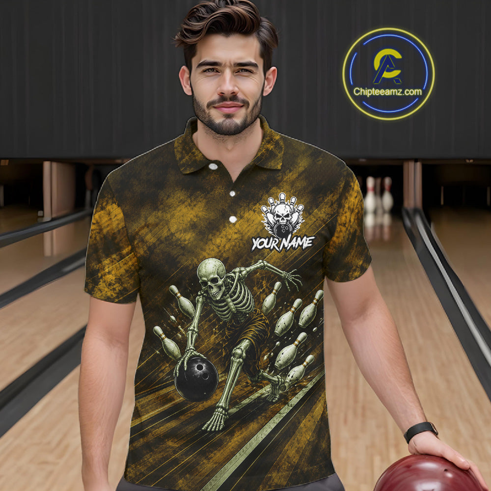 Personalized Bowling Tournament Jersey & Custom Team Shirts, Yellow Skeleton Bowling Polo