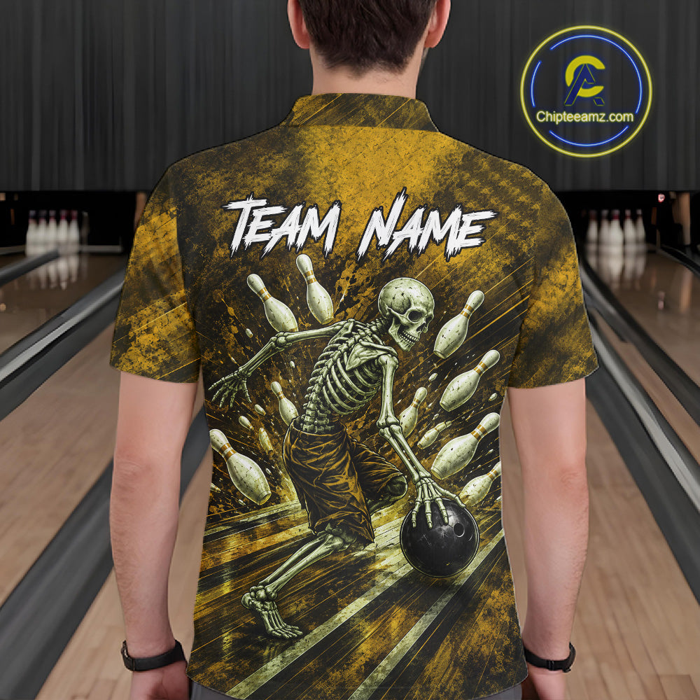 Personalized Bowling Tournament Jersey & Custom Team Shirts, Yellow Skeleton Bowling Polo