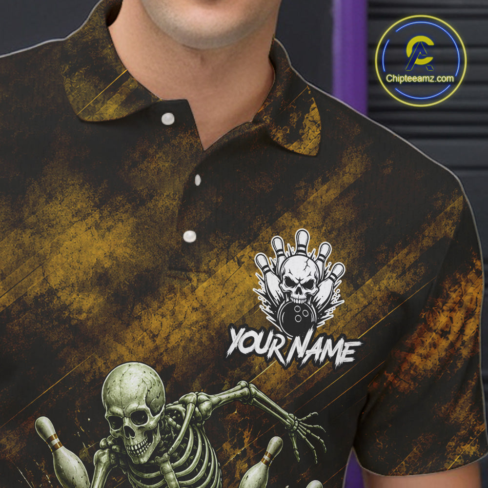 Personalized Bowling Tournament Jersey & Custom Team Shirts, Yellow Skeleton Bowling Polo