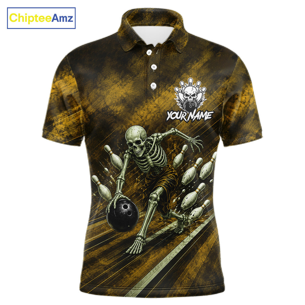 Personalized Bowling Tournament Jersey & Custom Team Shirts, Yellow Skeleton Bowling Polo