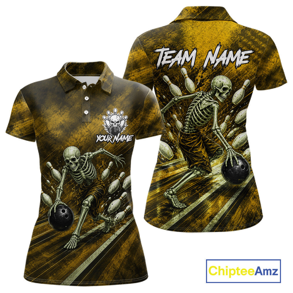 Personalized Bowling Tournament Jersey & Custom Team Shirts, Yellow Skeleton Bowling Polo
