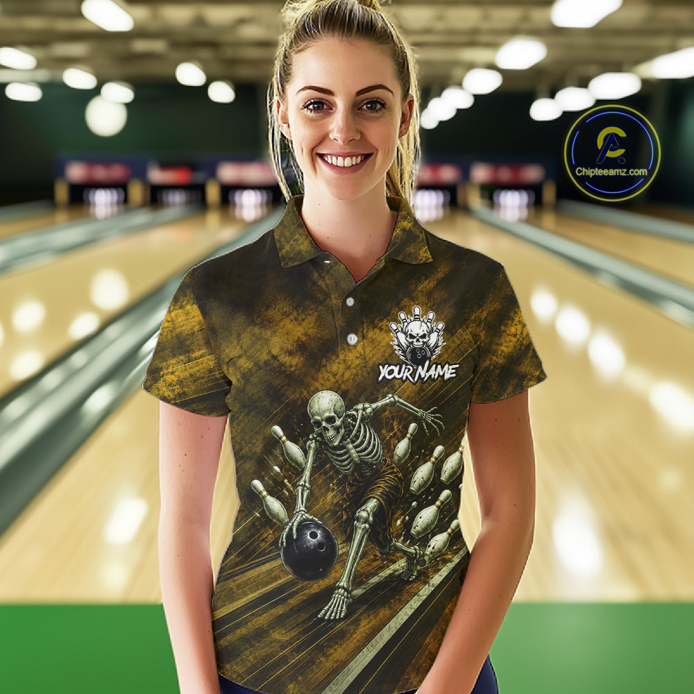 Personalized Bowling Tournament Jersey & Custom Team Shirts, Yellow Skeleton Bowling Polo