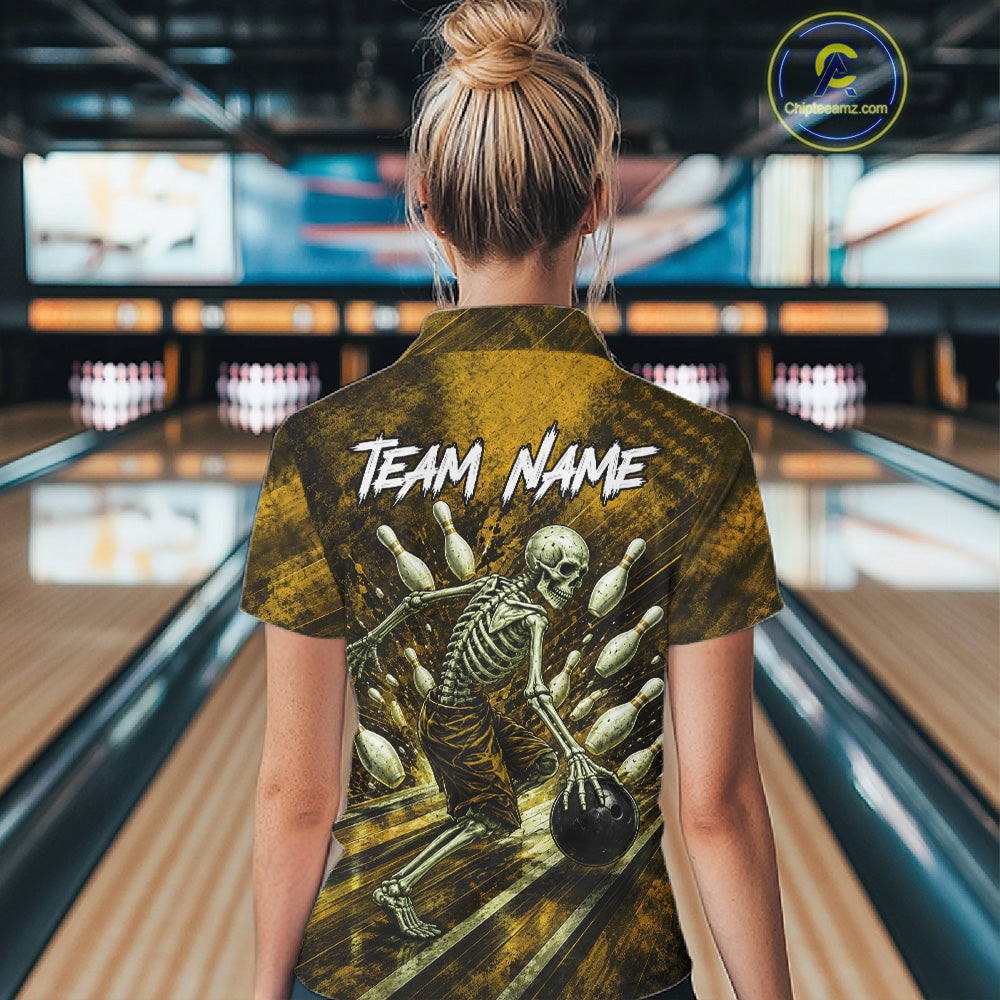 Personalized Bowling Tournament Jersey & Custom Team Shirts, Yellow Skeleton Bowling Polo