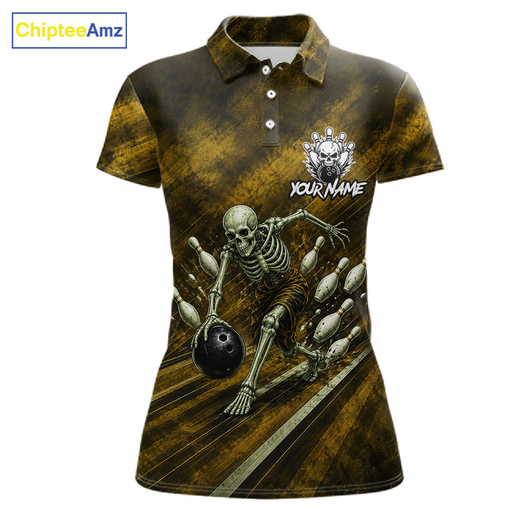 Personalized Bowling Tournament Jersey & Custom Team Shirts, Yellow Skeleton Bowling Polo
