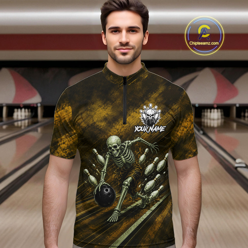 Personalized Bowling Tournament Jersey & Custom Team Shirts, Yellow Skeleton Bowling Polo