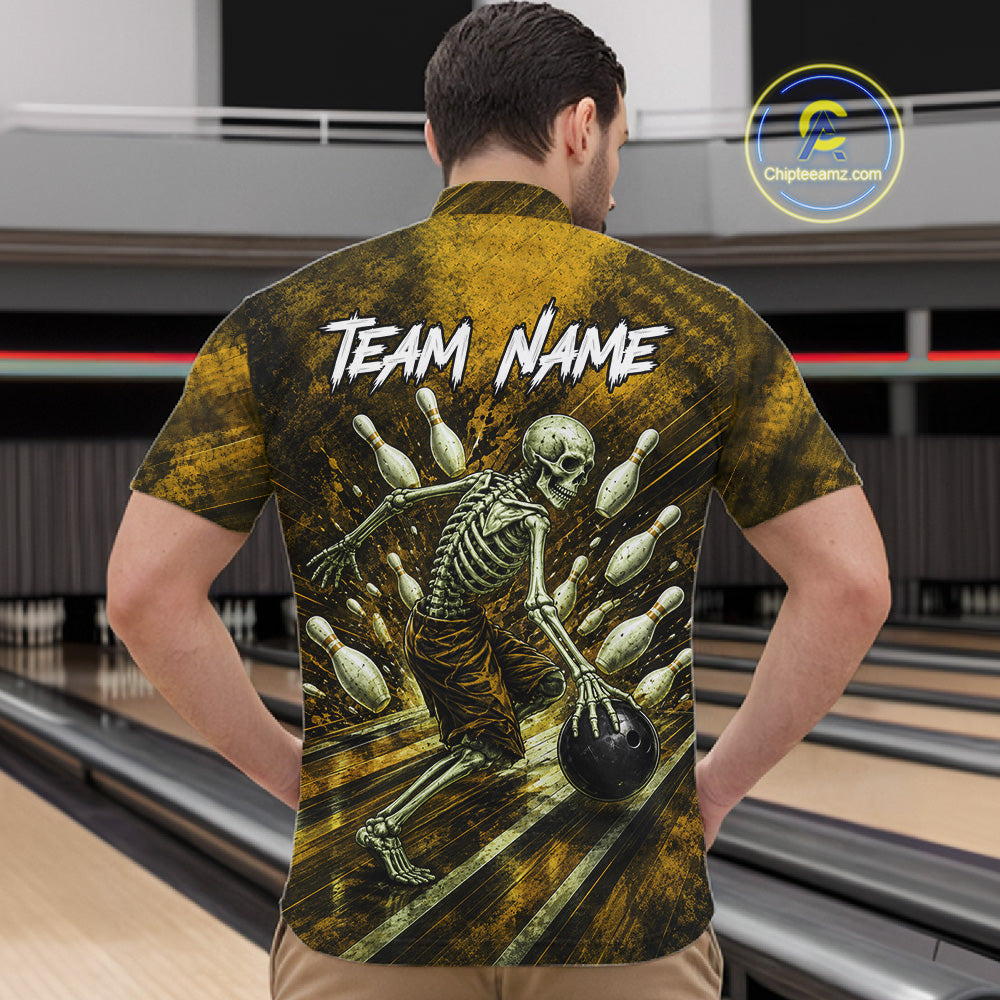 Personalized Bowling Tournament Jersey & Custom Team Shirts, Yellow Skeleton Bowling Polo