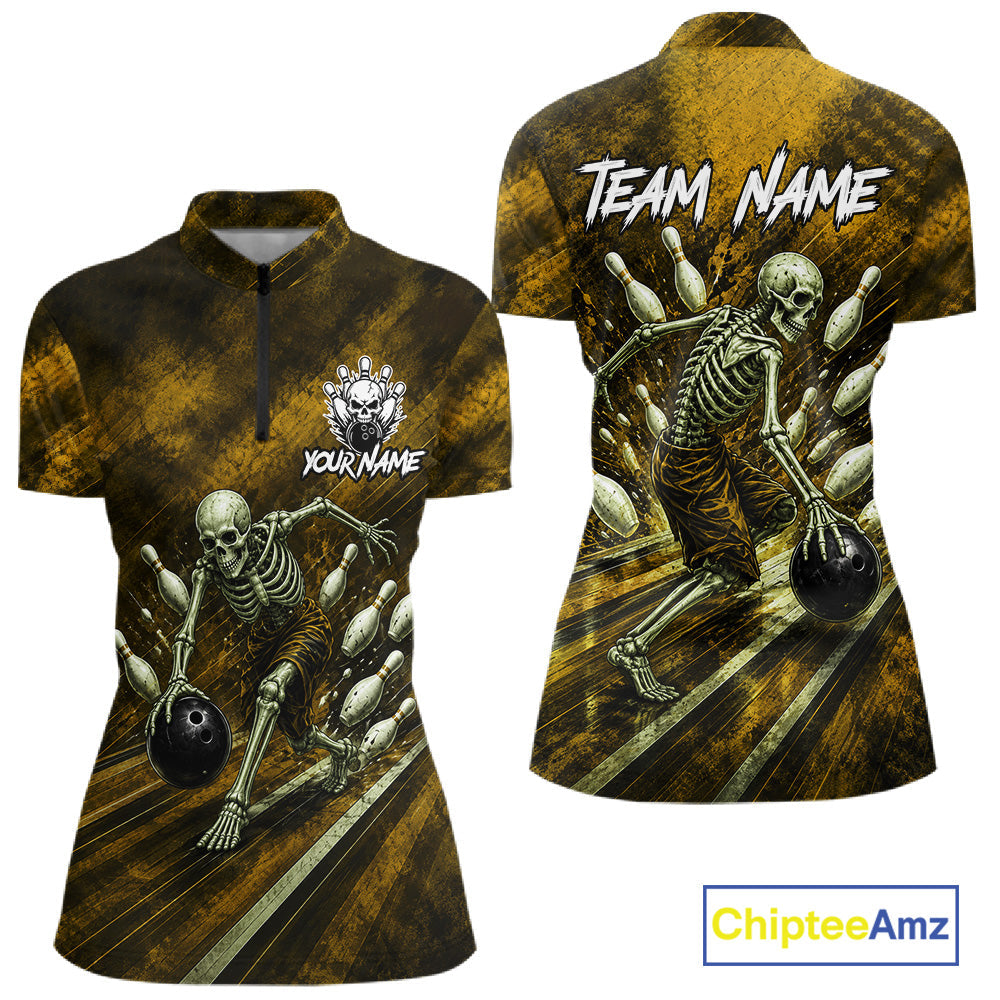 Personalized Bowling Tournament Jersey & Custom Team Shirts, Yellow Skeleton Bowling Polo