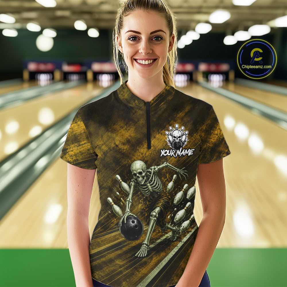 Personalized Bowling Tournament Jersey & Custom Team Shirts, Yellow Skeleton Bowling Polo