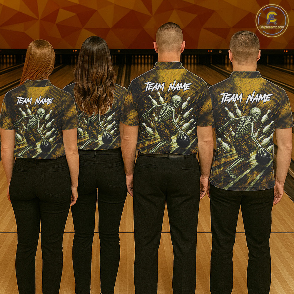 Personalized Bowling Tournament Jersey & Custom Team Shirts, Yellow Skeleton Bowling Polo
