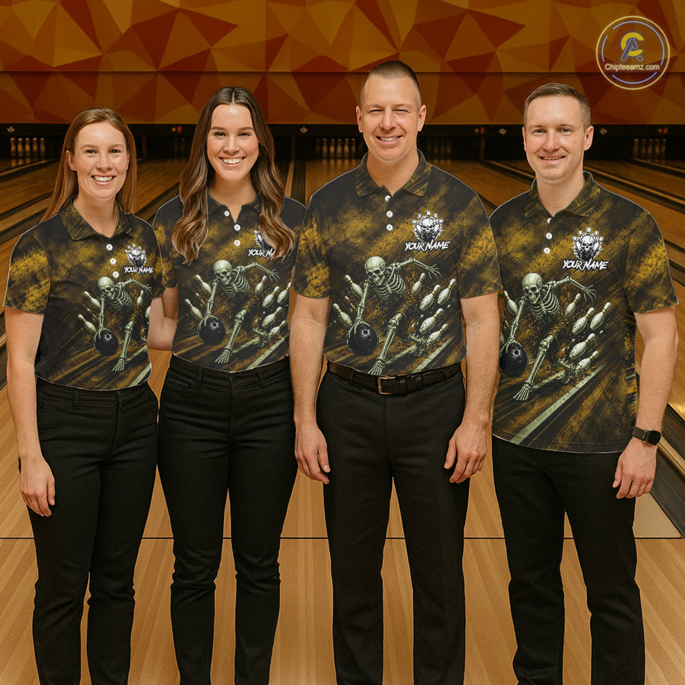 Personalized Bowling Tournament Jersey & Custom Team Shirts, Yellow Skeleton Bowling Polo