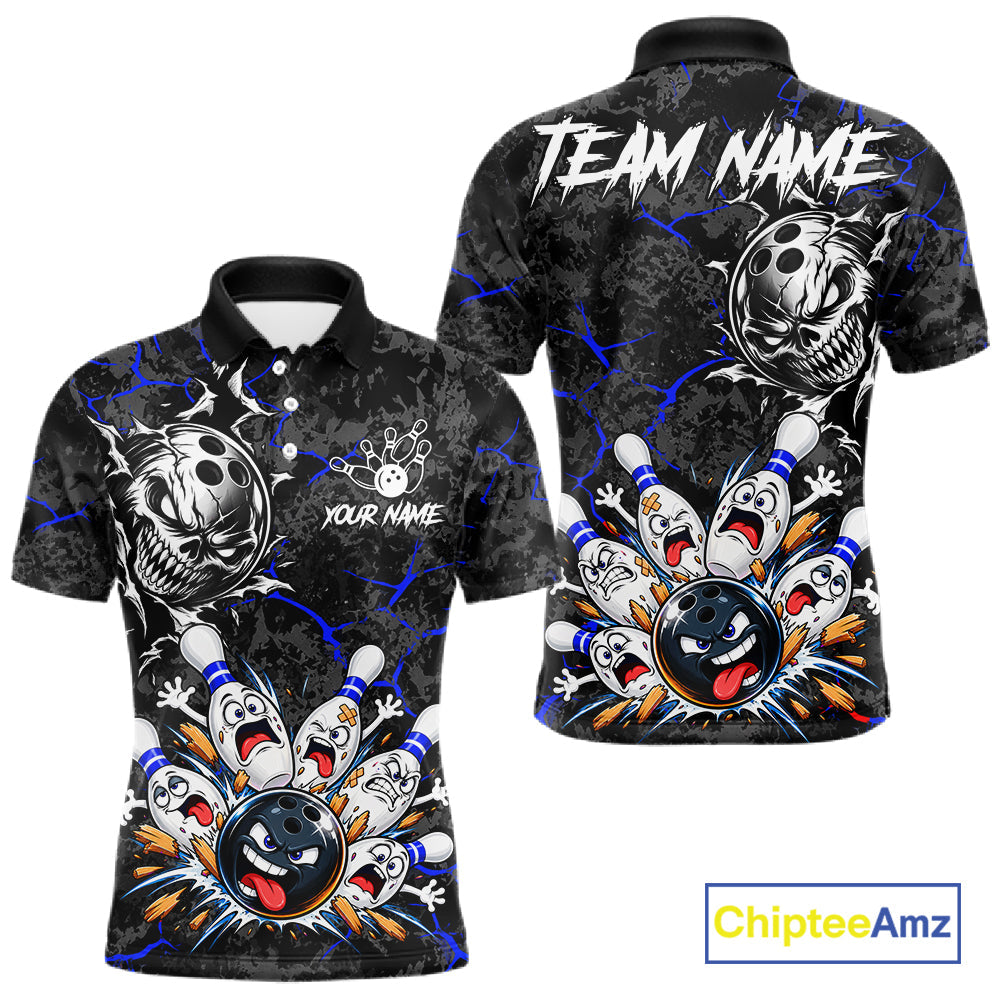 Angry Bowling Ball Skull Polo Shirt Custom Blue Black Team Tournament Jersey