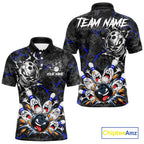 Angry Bowling Ball Skull Polo Shirt Custom Blue Black Team Tournament Jersey