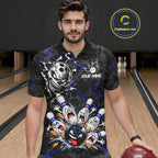 Angry Bowling Ball Skull Polo Shirt Custom Blue Black Team Tournament Jersey