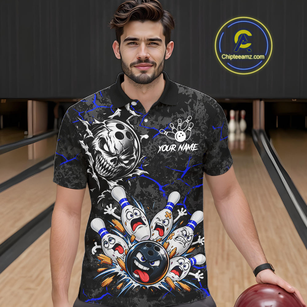 Angry Bowling Ball Skull Polo Shirt Custom Blue Black Team Tournament Jersey