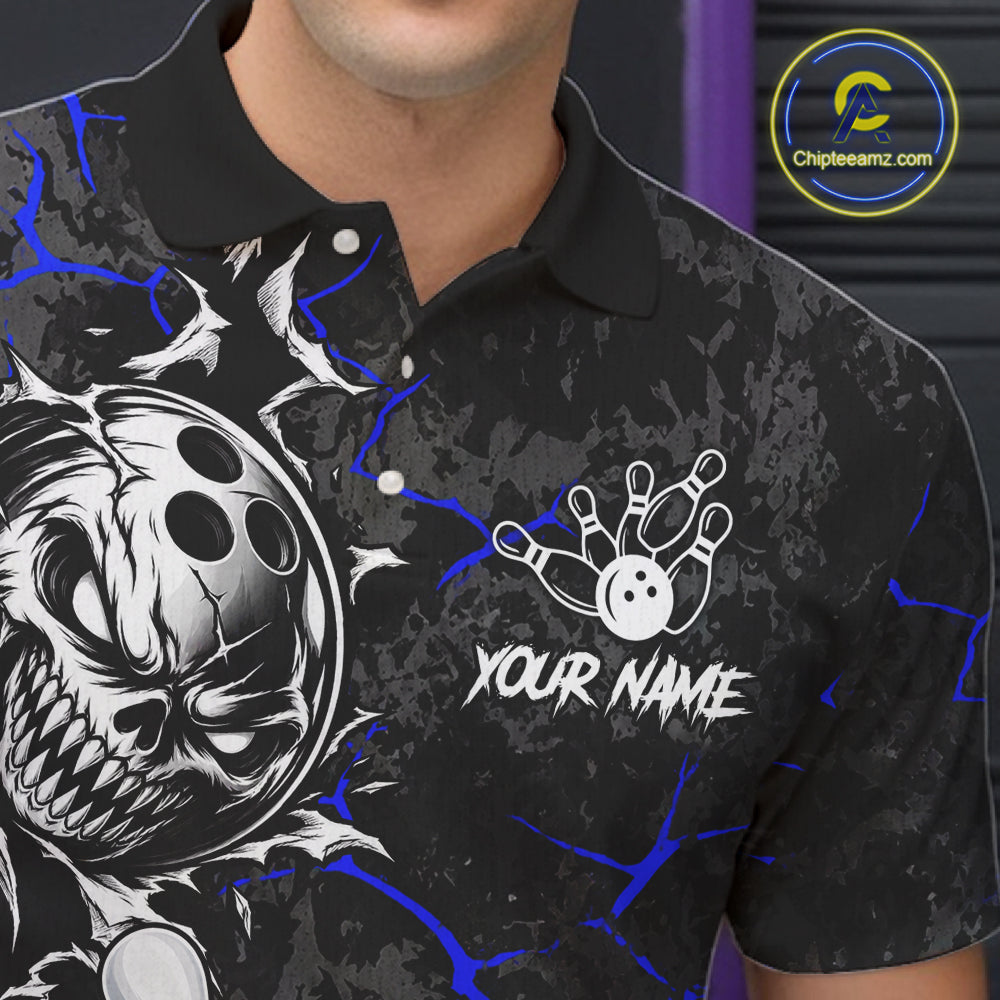 Angry Bowling Ball Skull Polo Shirt Custom Blue Black Team Tournament Jersey