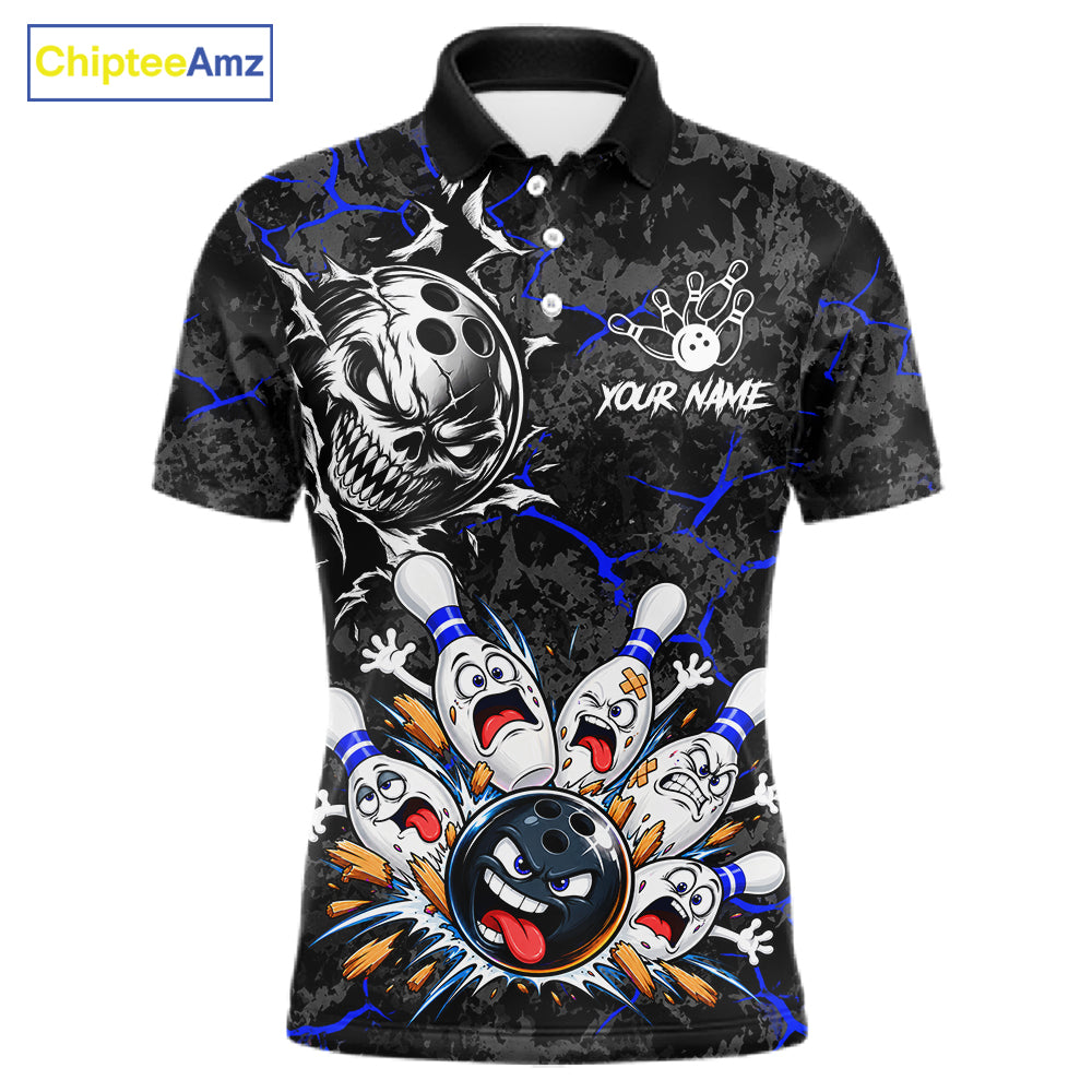 Angry Bowling Ball Skull Polo Shirt Custom Blue Black Team Tournament Jersey