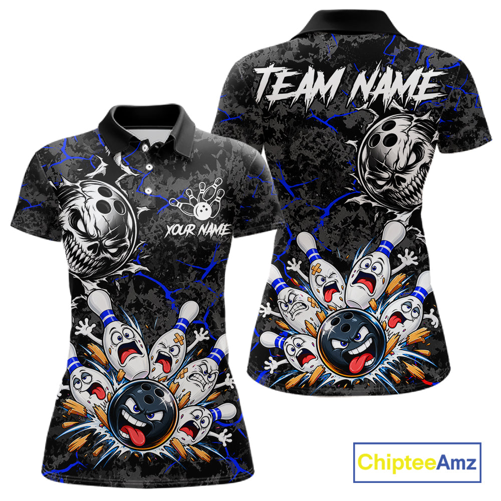 Angry Bowling Ball Skull Polo Shirt Custom Blue Black Team Tournament Jersey