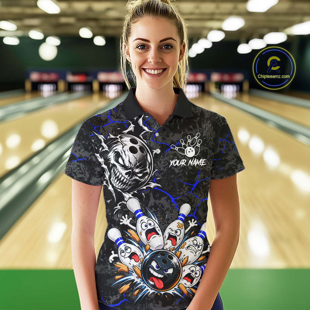 Angry Bowling Ball Skull Polo Shirt Custom Blue Black Team Tournament Jersey