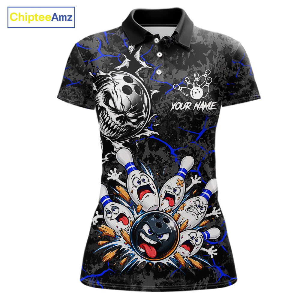 Angry Bowling Ball Skull Polo Shirt Custom Blue Black Team Tournament Jersey