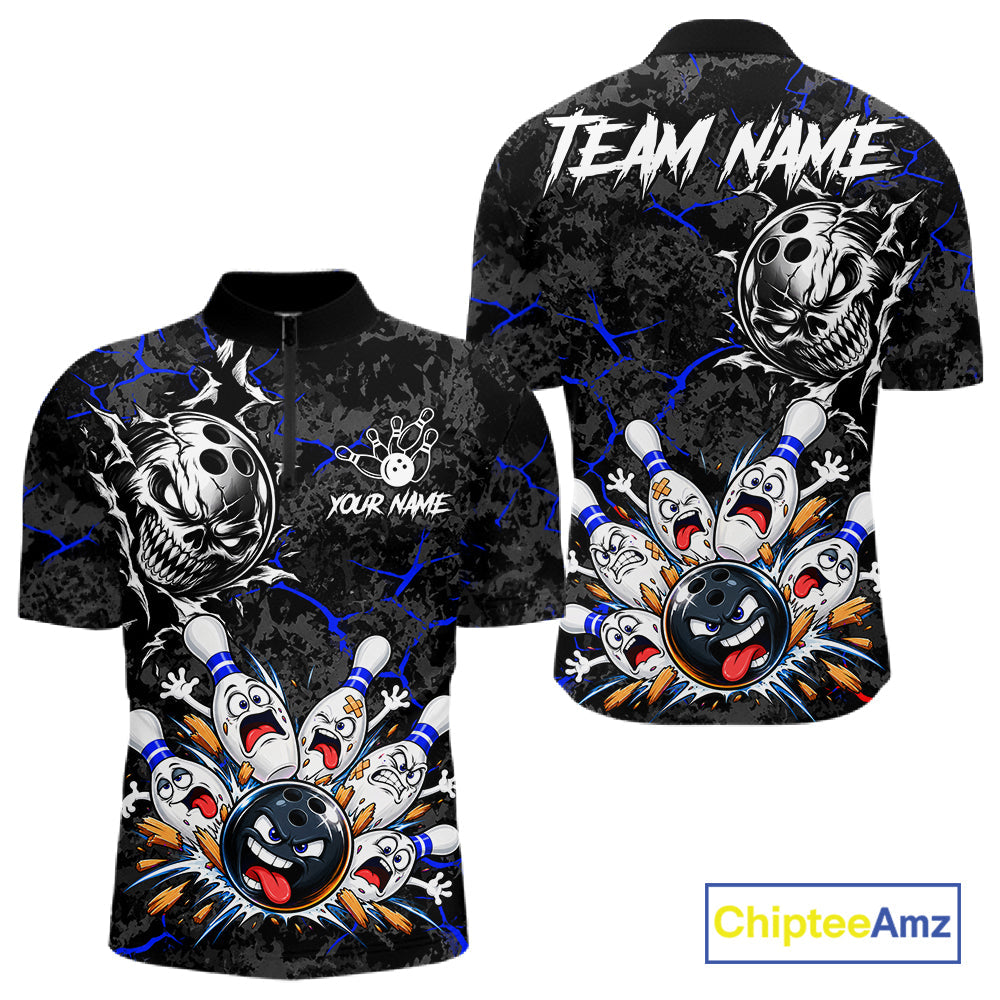 Angry Bowling Ball Skull Polo Shirt Custom Blue Black Team Tournament Jersey