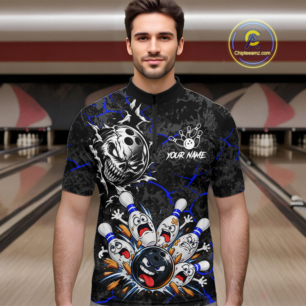 Angry Bowling Ball Skull Polo Shirt Custom Blue Black Team Tournament Jersey