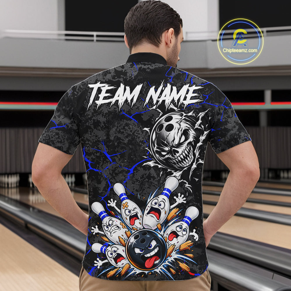 Angry Bowling Ball Skull Polo Shirt Custom Blue Black Team Tournament Jersey