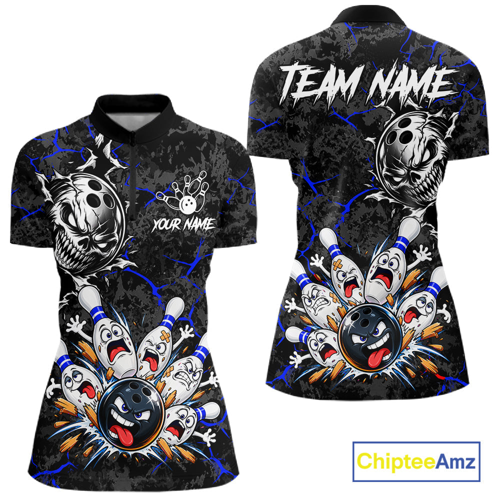 Angry Bowling Ball Skull Polo Shirt Custom Blue Black Team Tournament Jersey