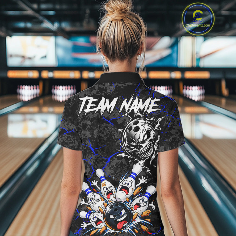 Angry Bowling Ball Skull Polo Shirt Custom Blue Black Team Tournament Jersey
