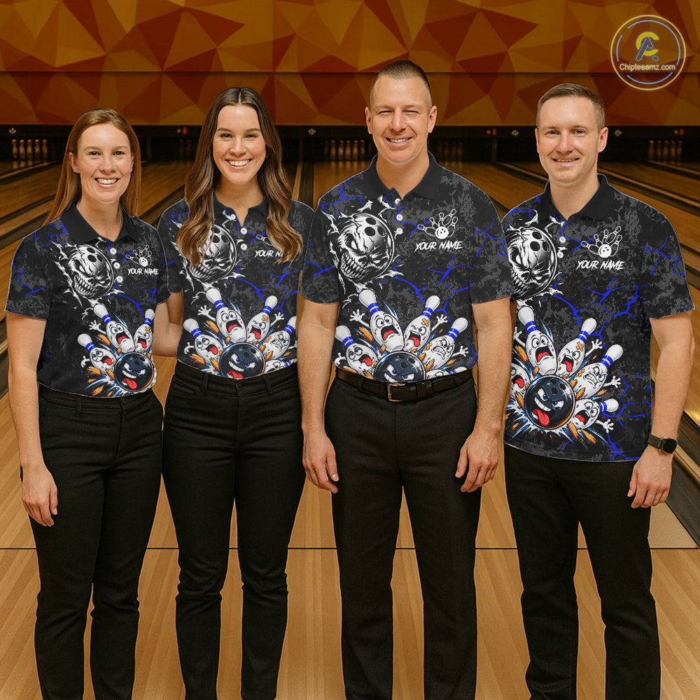 Angry Bowling Ball Skull Polo Shirt Custom Blue Black Team Tournament Jersey