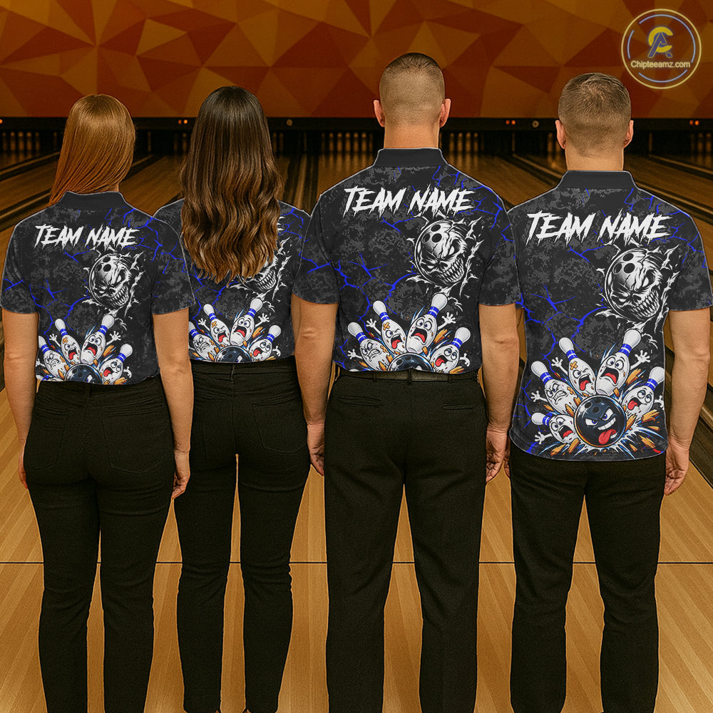 Angry Bowling Ball Skull Polo Shirt Custom Blue Black Team Tournament Jersey